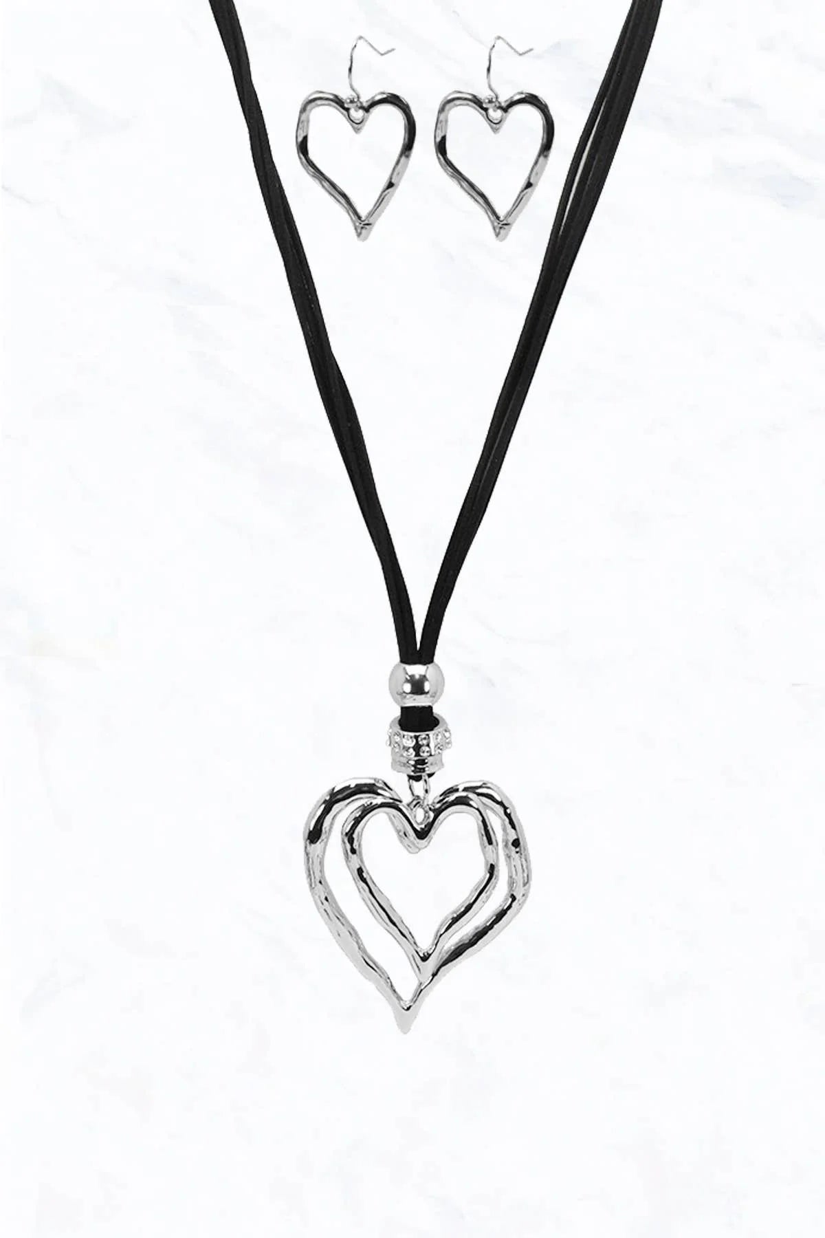 Metal Double Heart Charm Cord Necklace Set