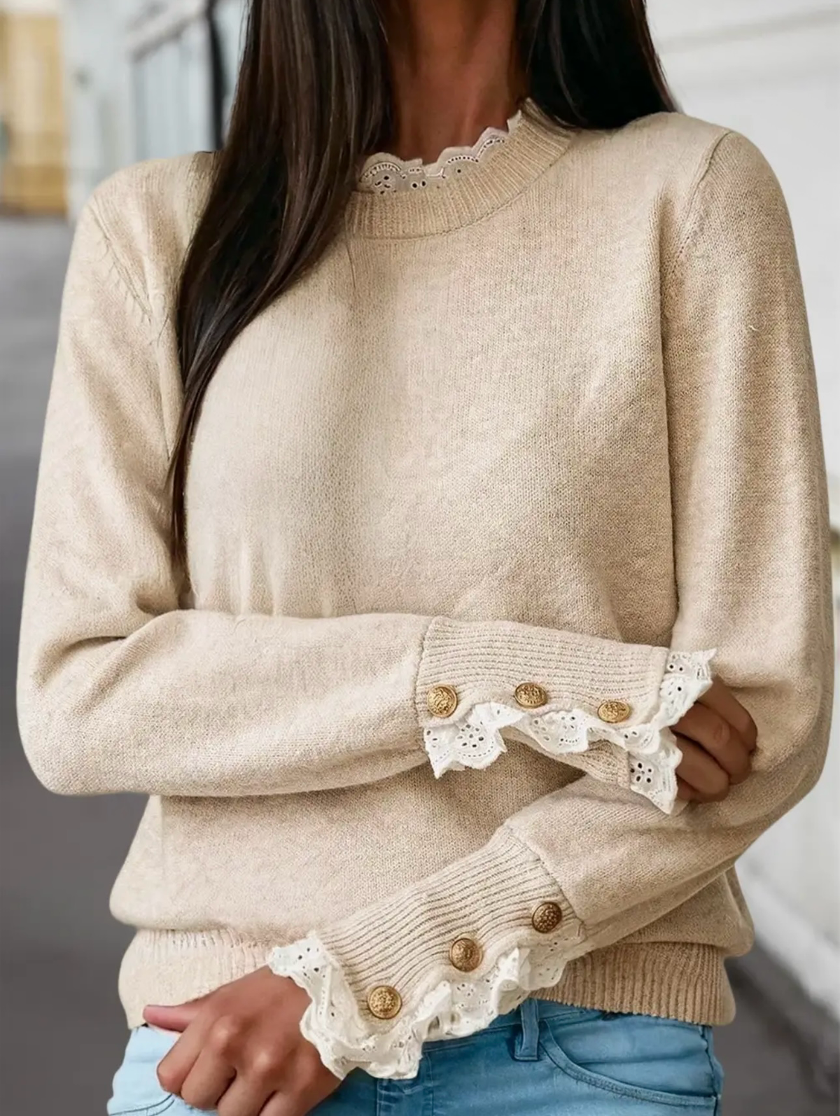 Lace Trim Buttoned Cuffs Sweater