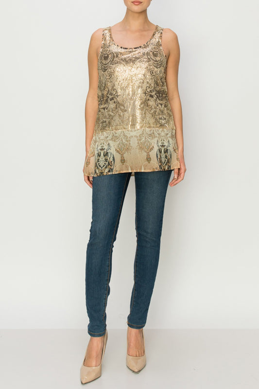 PRINT SEQUIN TANK TOP WITH CHIFFON LAYER