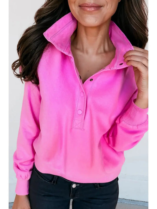 Solid Half Button Stand Neck Drop Shoulder Sweatshirt