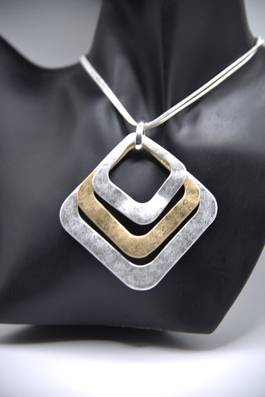 3pcs Cut-Out Square Two Tone Pendant 2 Strand Necklace