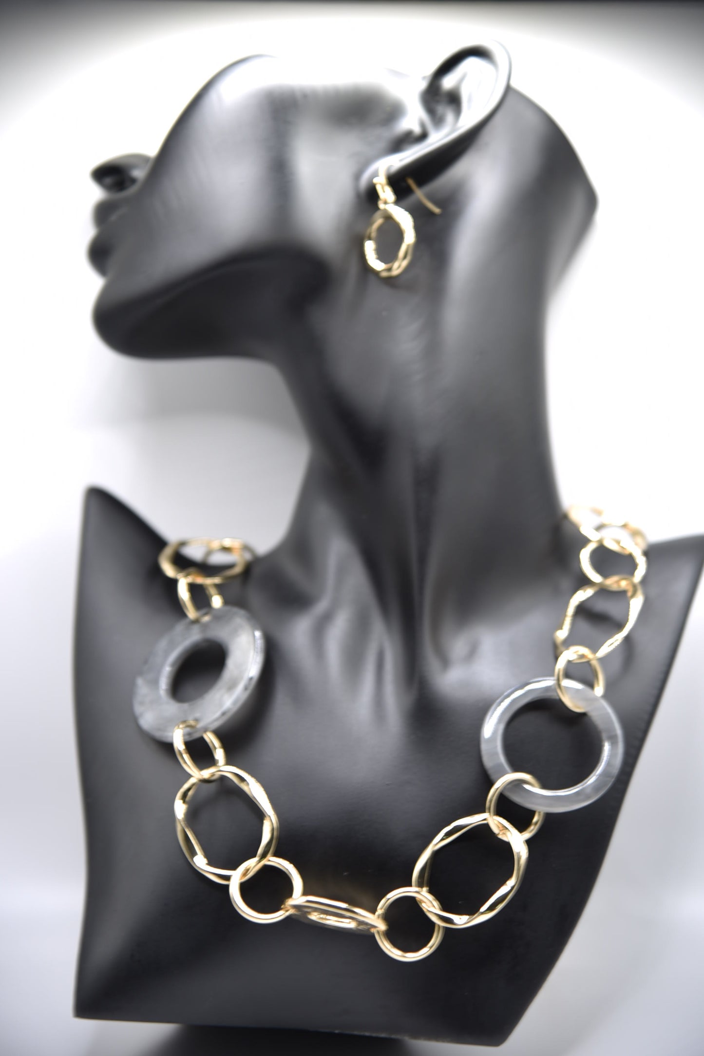 Cut-Out Circle Resin, Metal Link Chain Toggle Long Necklace and Gold Earrings Set