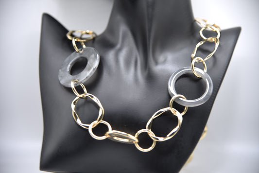 Cut-Out Circle Resin, Metal Link Chain Toggle Long Necklace and Gold Earrings Set
