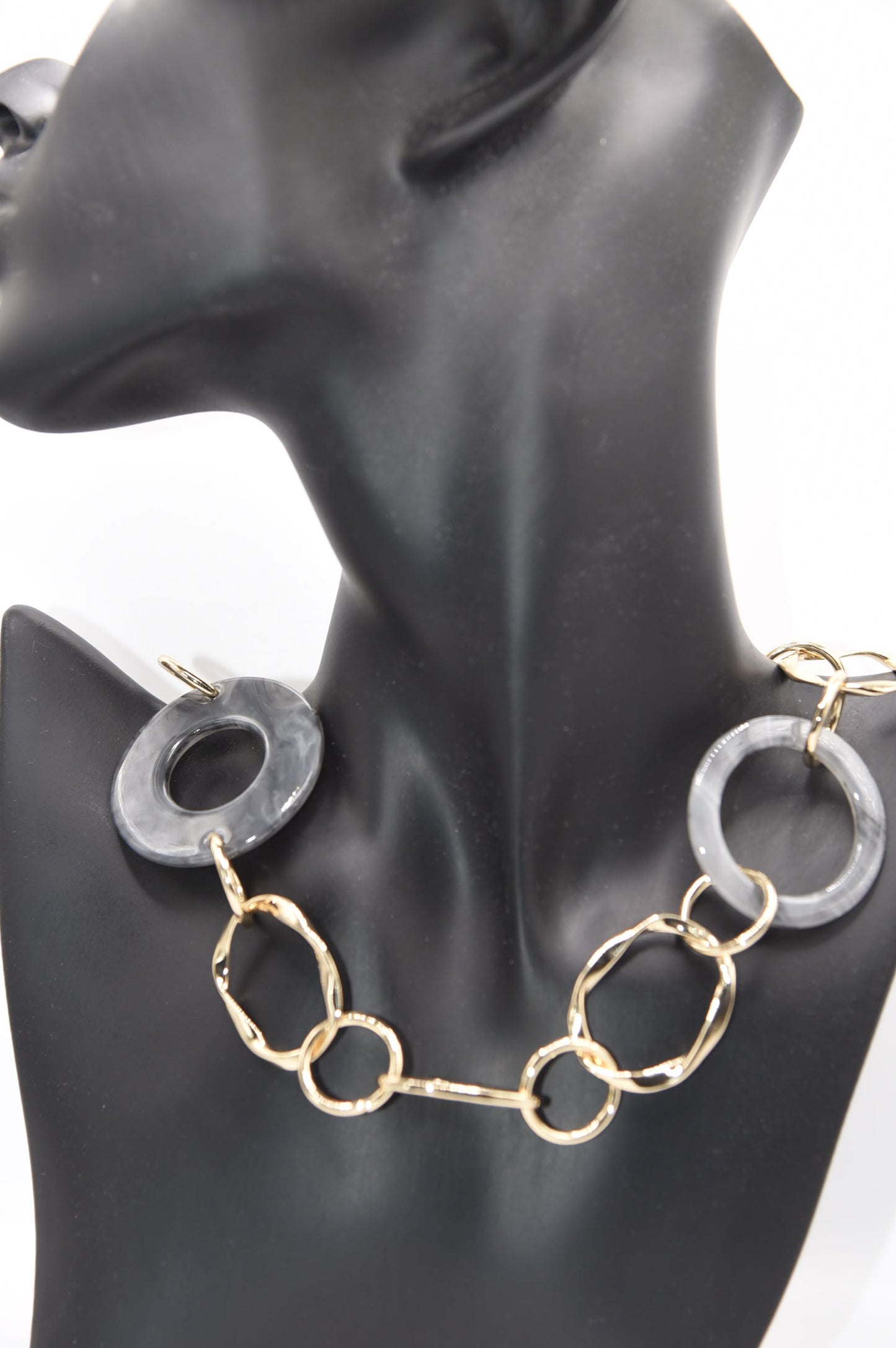Cut-Out Circle Resin, Metal Link Chain Toggle Long Necklace and Gold Earrings Set