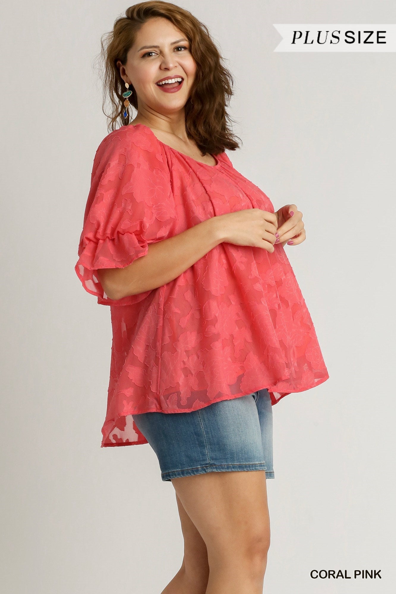 Jacquard Lace Round Neck Pleated Detail Bubble Sleeve Top