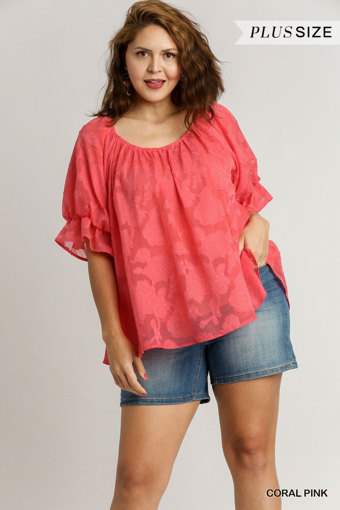 Jacquard Lace Round Neck Pleated Detail Bubble Sleeve Top
