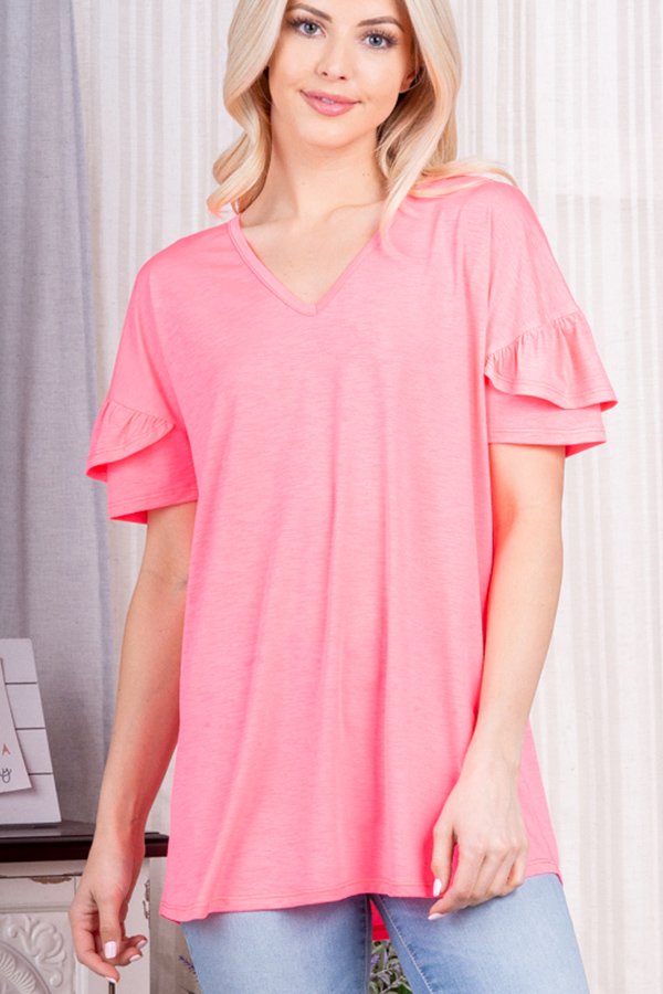 RUFFLED SHORT SLEEVE V NECK SOLID TOP