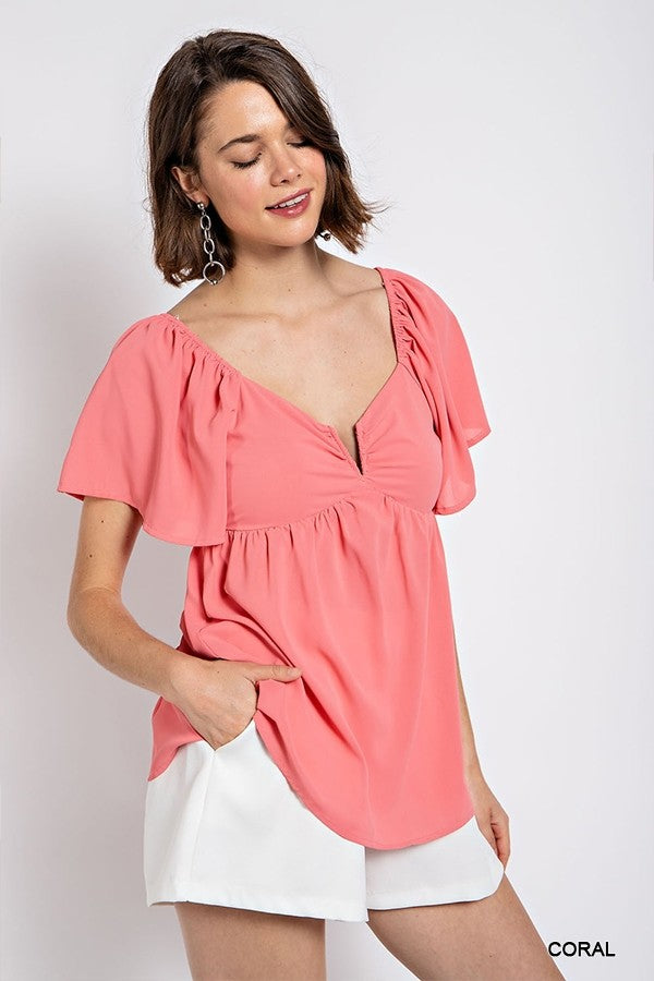 Solid V-Wire Short Sleeve Babydoll Top