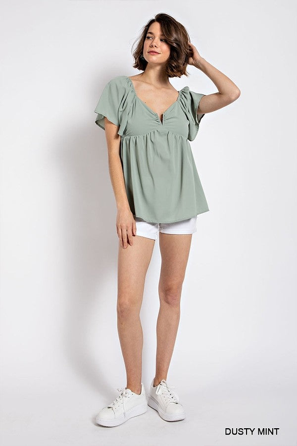 Solid V-Wire Short Sleeve Babydoll Top